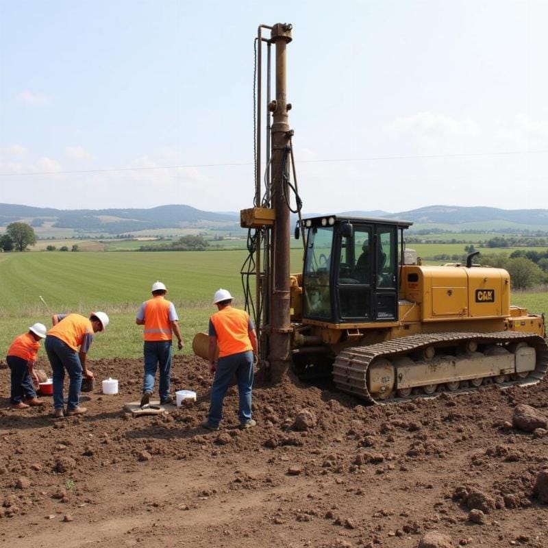 Kỹ sư địa kỹ thuật thực hiện khảo sát địa chất công trình ven đường để đánh giá nền đất